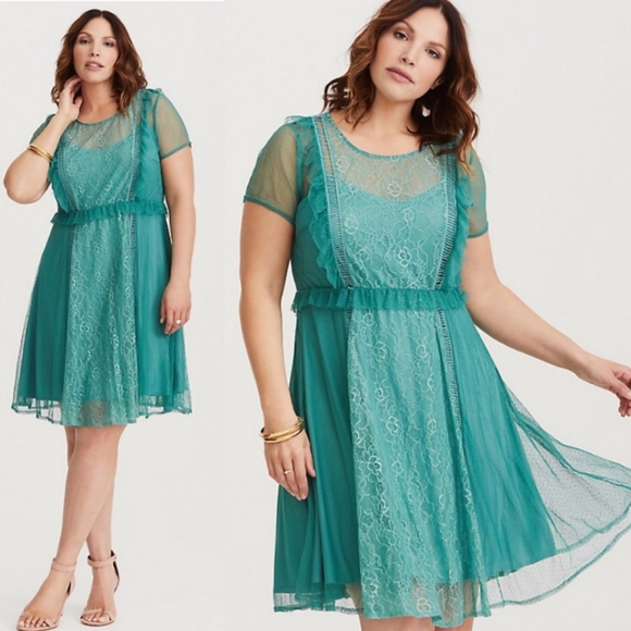 torrid Dresses & Skirts - TORRID Lace & Mesh Teal Skater Dress